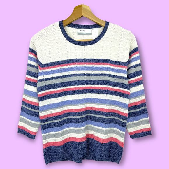 Alfred Dunner PETITE SMALL American VINTAGE Striped Knit Sweater white blue - Picture 2 of 9